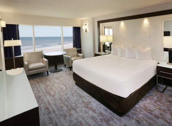 A well appointed hotel room at Bally's Atlantic City with ocean view.