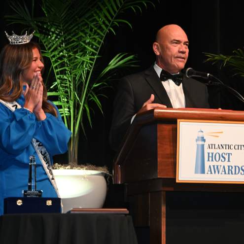 2025 Host Awards MC Larry Sieg and Miss NJ Elizabeth Mendel at the Atlantic City Host Awards.