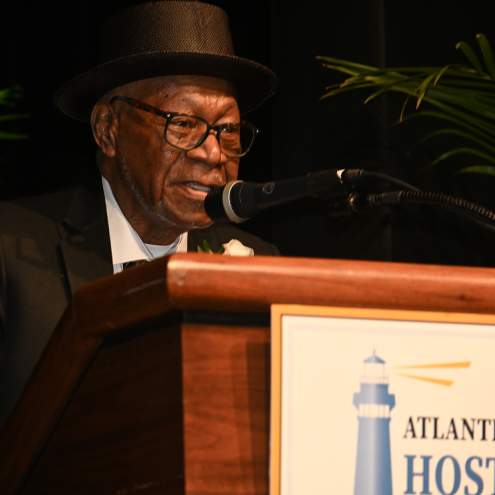 Spirit of Hospitality Award winner Ralph E. Hunter Sr. speaking at the 2025 Host Awards in Atlantic City.