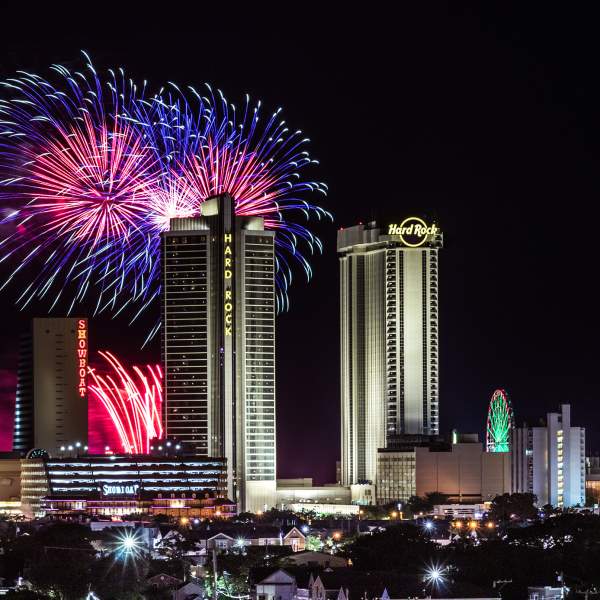 Fireworks dazzle over the beach and Boardwalk with North Beach Atlantic City resorts in view.