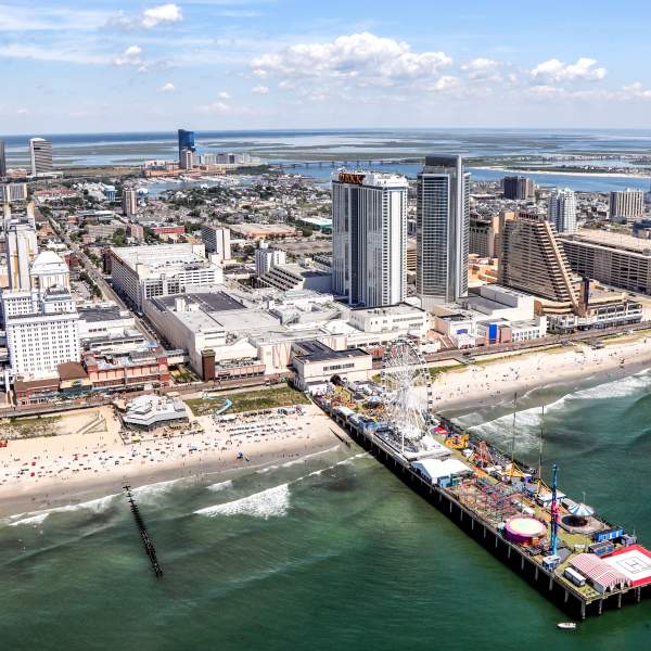 Aerial of Shoreline, Boardwalk, and City