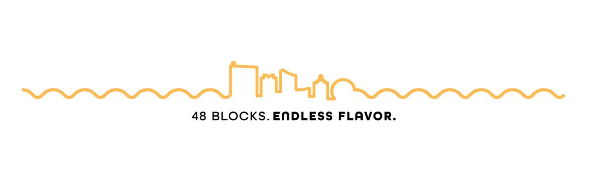 AC Skyline illustration with yellow-gold waves and buildings. 48 Blocks. Endless Flavor.
