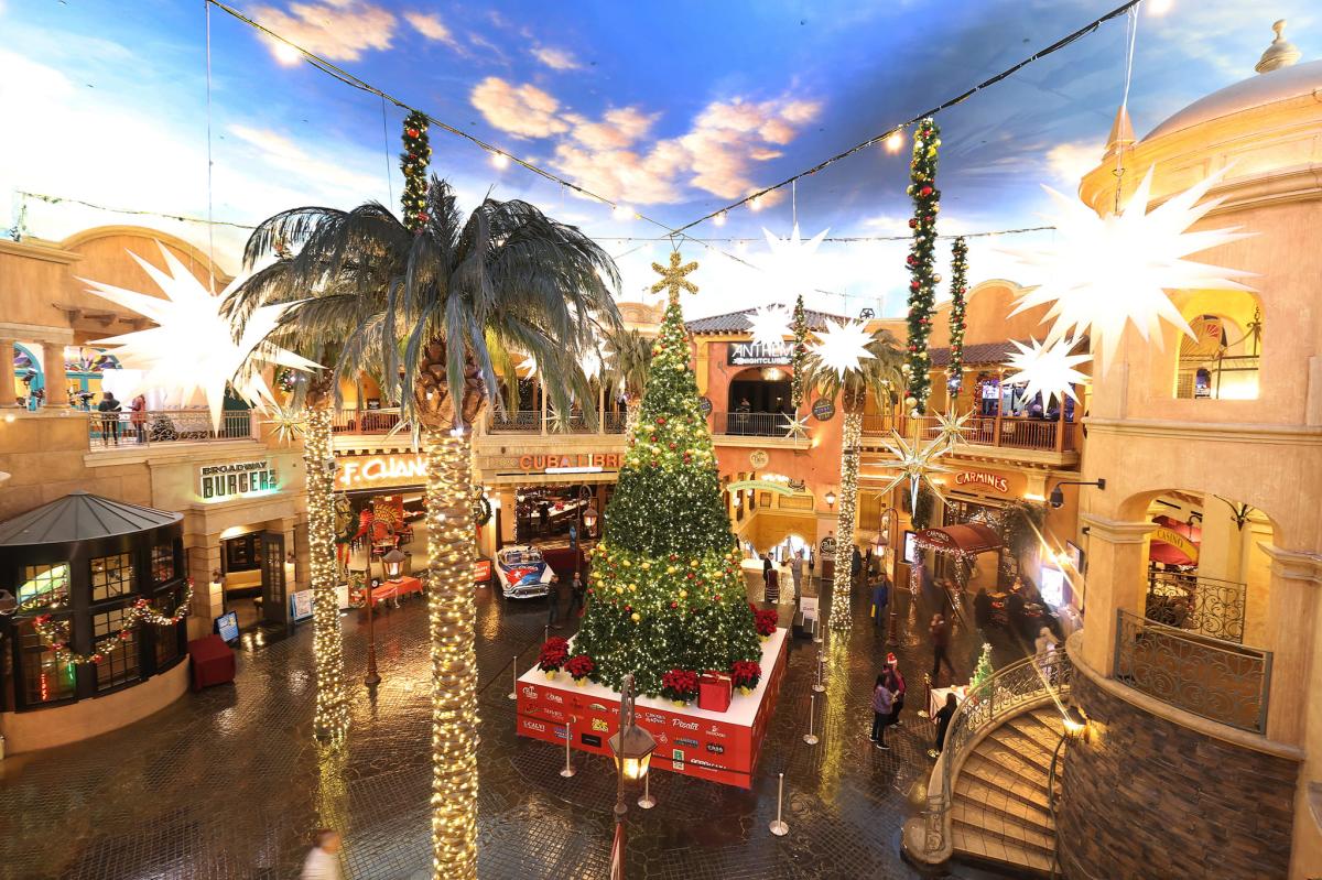 Tropicana's The Quarter ornately decorated for the holidays with a large Holiday Tree on display in the main courtyard.