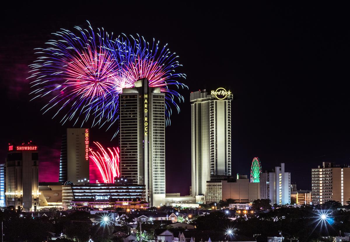 Fireworks dazzle over the beach and Boardwalk with North Beach Atlantic City resorts in view.