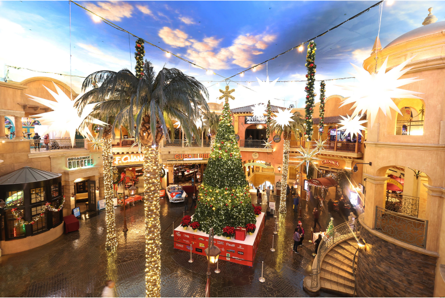 Tropicana's The Quarter ornately decorated for the holidays with a large Holiday Tree on display in the main courtyard.