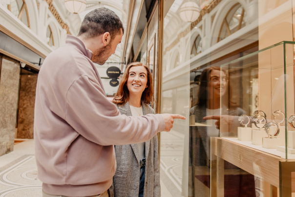 Couple shopping at Queens Arcade Belfast
