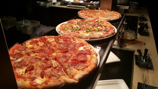 Pizza on display in Cosmo Restaurant.
