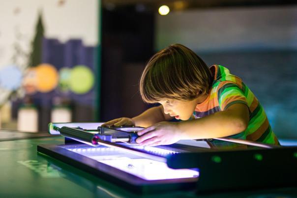 Young boy at W5 playing with an interactive game