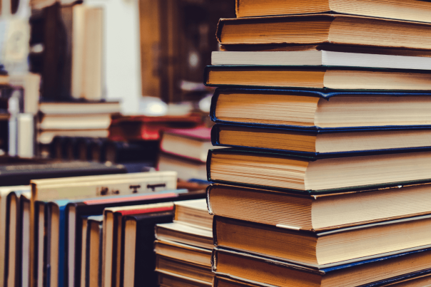 Pile of books in library
