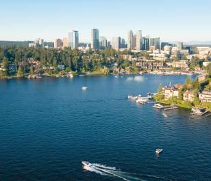 Bellevue, Washington, aerial view a wealthy neighborhood along the shoreline of Lake Washington and downtown Bellevue