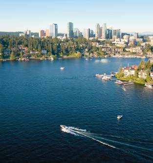 Bellevue, Washington, aerial view a wealthy neighborhood along the shoreline of Lake Washington and downtown Bellevue