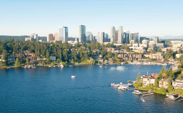 Bellevue, Washington, aerial view a wealthy neighborhood along the shoreline of Lake Washington and downtown Bellevue