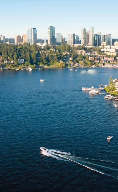 Bellevue, Washington, aerial view a wealthy neighborhood along the shoreline of Lake Washington and downtown Bellevue