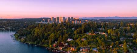 Aerial view of a lush, tree-covered peninsula in Bellevue with houses along a calm lake at sunset, the city skyline in the background beneath a pink and purple sky, creating a serene atmosphere.