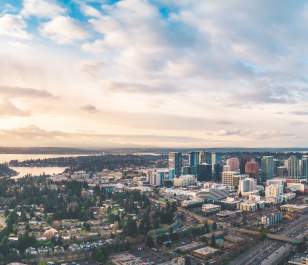 Aerial view of Kirkland, Washington overlooking downtown, Lake Washington, and surrounding neighborhoods.