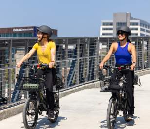 Two women enjoying a bike ride in Bellevue