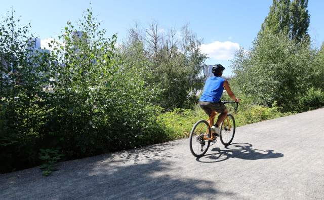 Cyclist rides the Bellevue Eastrail at The Line Bike Experience Kiosk