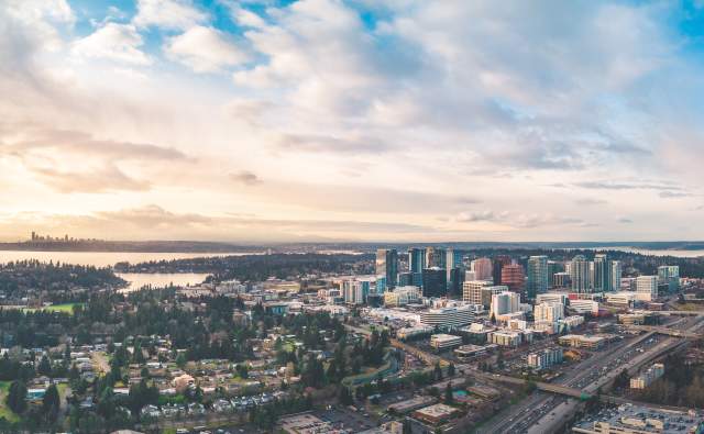 Aerial view of Kirkland, Washington overlooking downtown, Lake Washington, and surrounding neighborhoods.