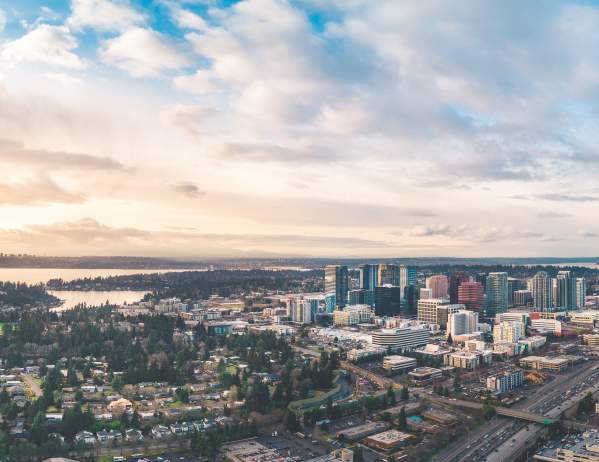 Aerial view of Kirkland, Washington overlooking downtown, Lake Washington, and surrounding neighborhoods.