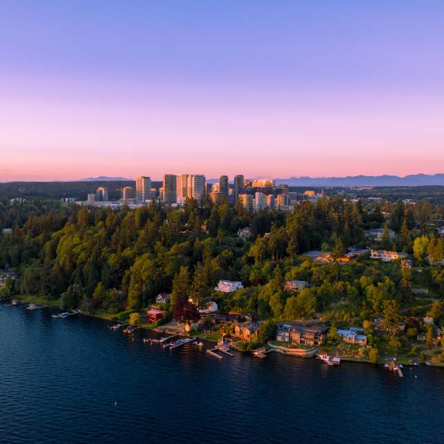 Aerial view of a lush, tree-covered peninsula in Bellevue with houses along a calm lake at sunset, the city skyline in the background beneath a pink and purple sky, creating a serene atmosphere.