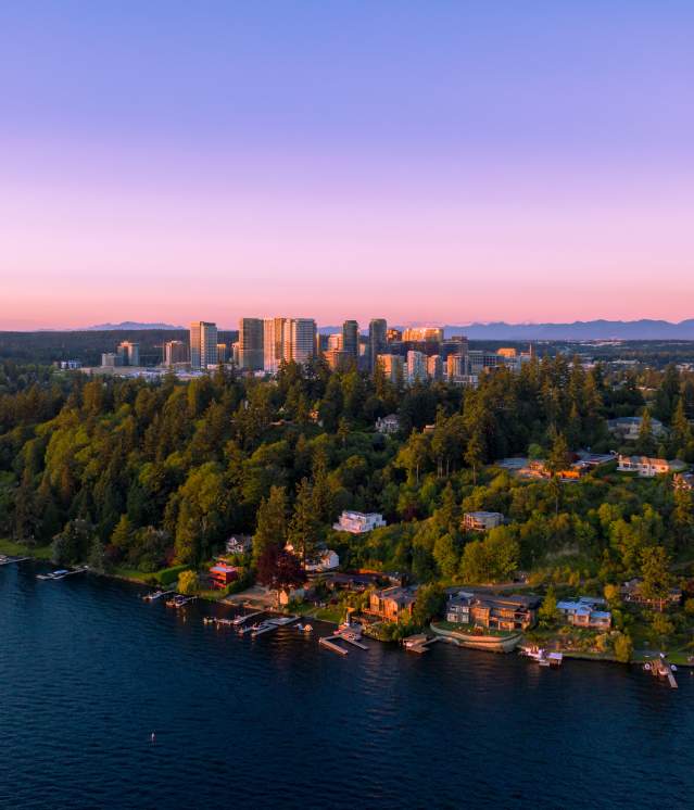 Aerial view of a lush, tree-covered peninsula in Bellevue with houses along a calm lake at sunset, the city skyline in the background beneath a pink and purple sky, creating a serene atmosphere.