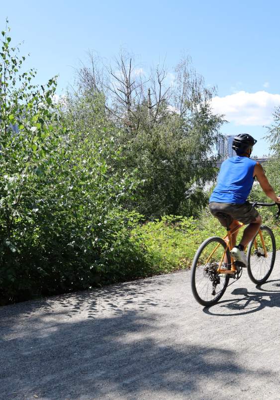 Cyclist rides the Bellevue Eastrail at The Line Bike Experience Kiosk