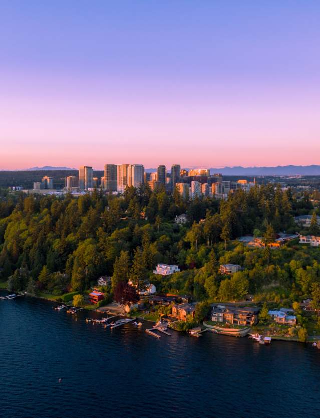 Aerial view of a lush, tree-covered peninsula in Bellevue with houses along a calm lake at sunset, the city skyline in the background beneath a pink and purple sky, creating a serene atmosphere.