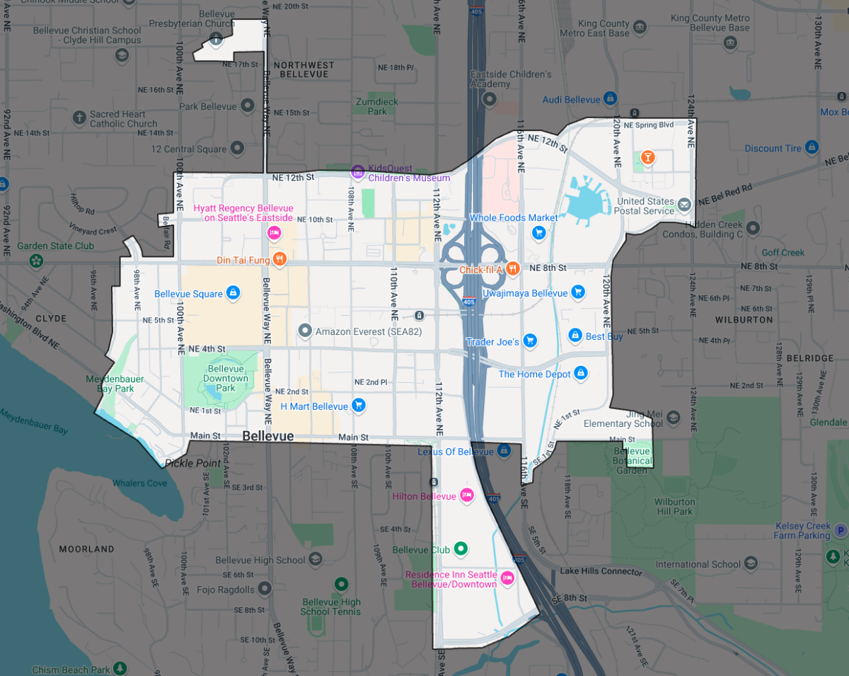 Service area for the Bellhop service throughout Downtown Bellevue