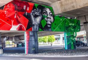 Boston mural featuring Nina Simone with raised fist