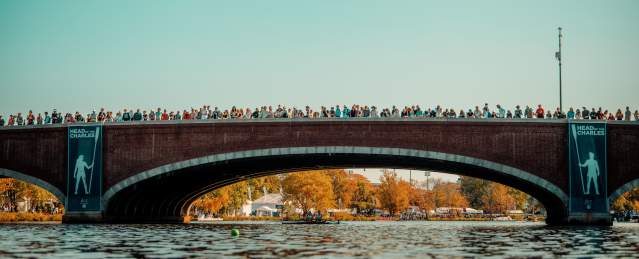 Head of the Charles Regatta spectators on a bridge