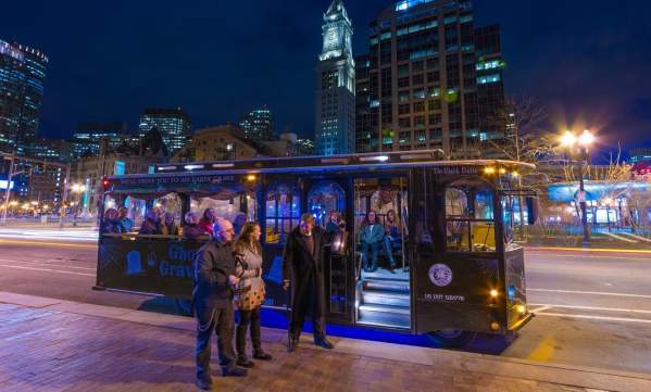 Patrons board the Ghosts and Gravestones tour bus in Boston.