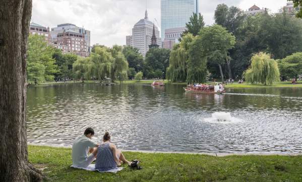 Two people picnicking on the Public Garden