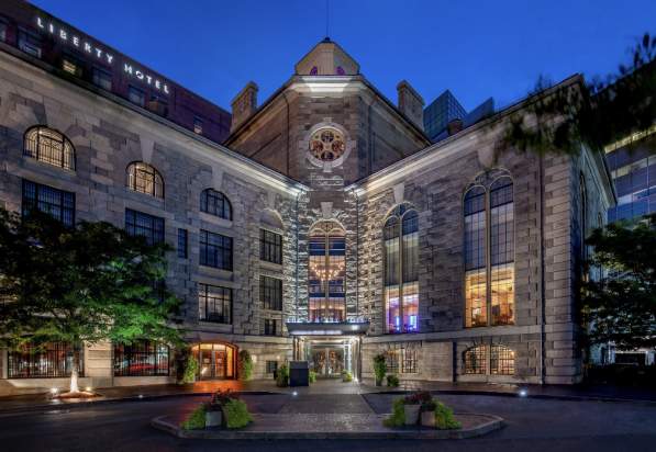Exterior of Liberty Hotel at night
