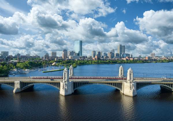 Boston's skyline with a view of the Red Line
