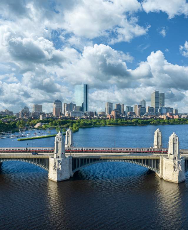 Boston's skyline with a view of the Red Line