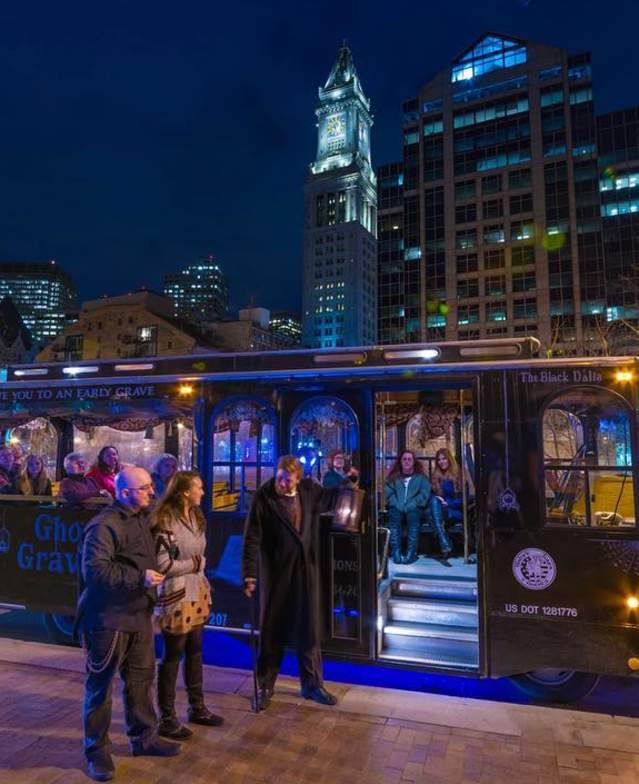 Patrons board the Ghosts and Gravestones tour bus in Boston.