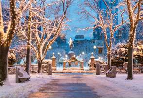 Snowy walk on Commonwealth Avenue heading to the Public Garden