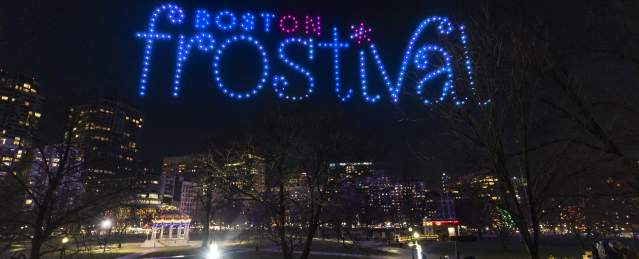 Drones displaying "Boston Frostival" during Meet Boston's Holiday Drone Shows on Boston Common