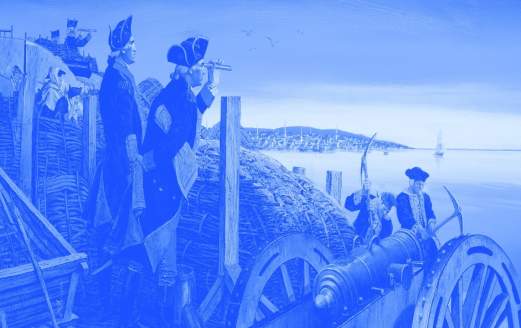 a duotone illustration of Henry Knox looking through binoculars