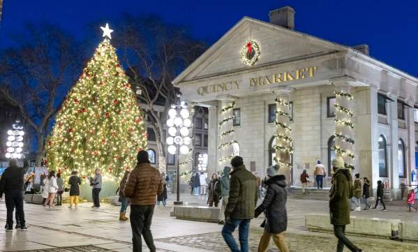 People looking at the Christmas Tree in front of Quincy Market