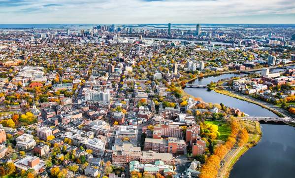 An aerial shot of Boston from Harvard Square with the trees changing in fall.