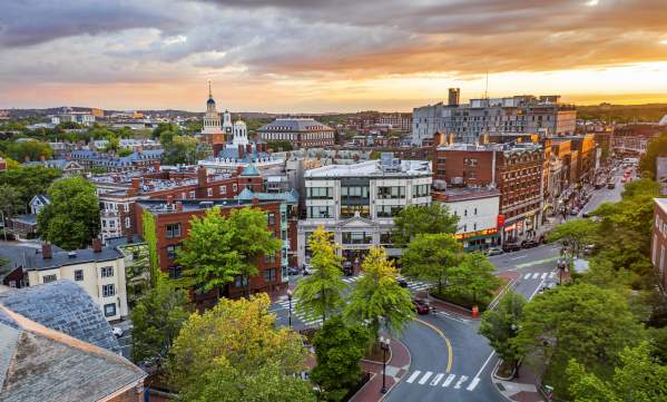 Sunset over buildings that make up Harvard Square