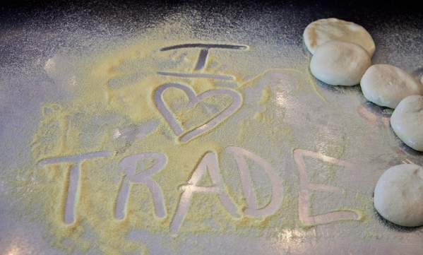 The words "I Love Trade" drawn into flour