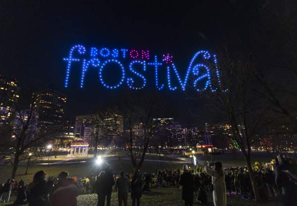 Drones displaying "Boston Frostival" during Meet Boston's Holiday Drone Shows on Boston Common