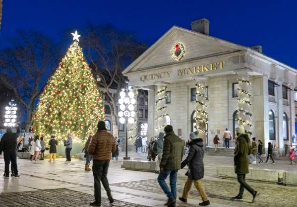 People looking at the Christmas Tree in front of Quincy Market