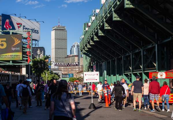 Crowds walking outside of Fenway Park