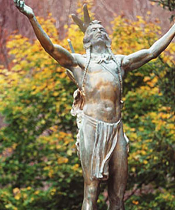 Depictions of Native Americans on a coin, as a statue, and in an image in a museum