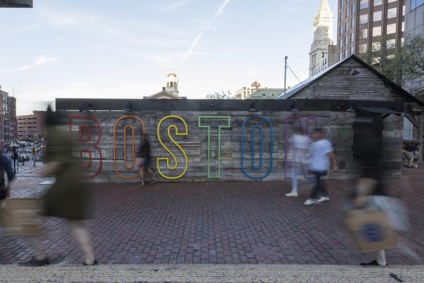 Boston sign over a wall outside City Hall Plaza