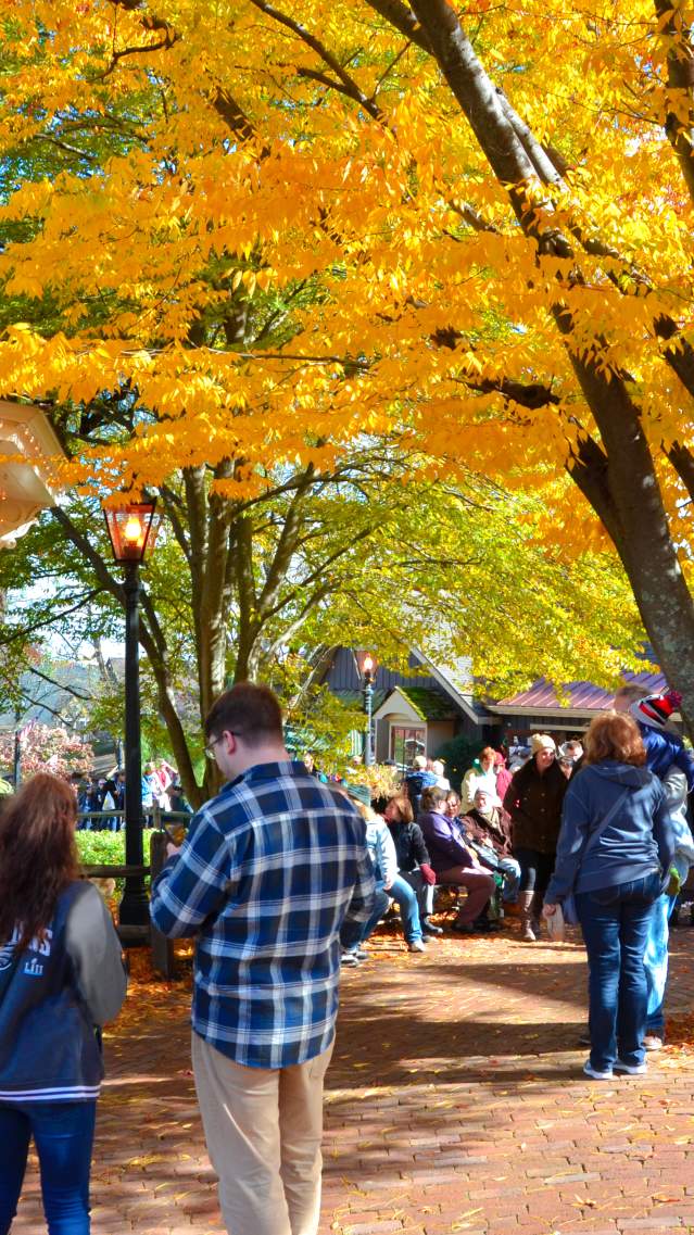 Autumn gazebo with colorful fall leaves and people enjoying music.