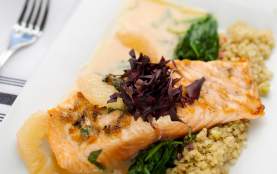 The sustainable native Atlantic salmon at Caleb's American Kitchen will make your mouth water with a miso glaze and coconut sticky rice.